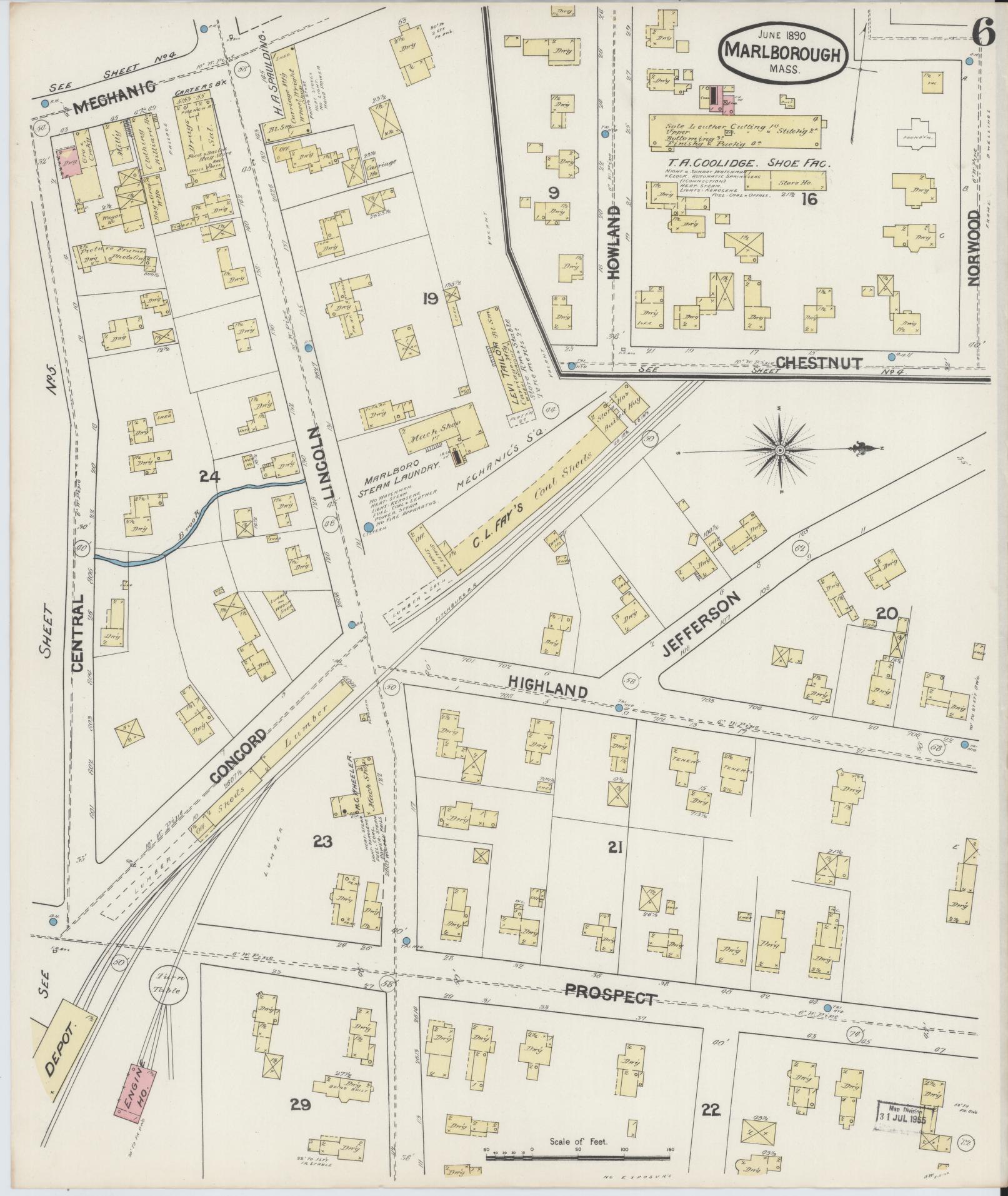 Sanborn Fire Insurance Map from Marlborough, Middlesex County, Massachusetts (1890), Sheet #0006 - Historic Sanborn Fire Insurance Map Print, vintage old map wall art, antique decor, genealogy gift, Massachusetts Massachusetts map
