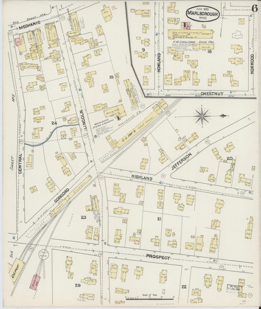 Sanborn Fire Insurance Map from Marlborough, Middlesex County, Massachusetts (1890), Sheet #0006 - Historic Sanborn Fire Insurance Map Print, vintage old map wall art, antique decor, genealogy gift, Massachusetts Massachusetts map