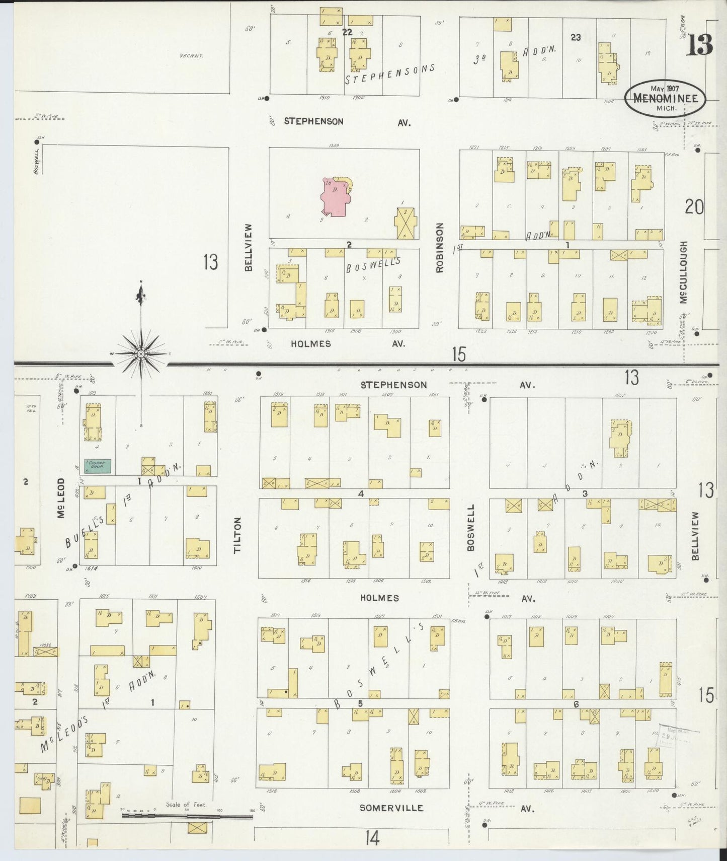 Sanborn Fire Insurance Map from Menominee, Menominee County, Michigan (1907), Sheet #0013 - Complete Map Set gallery image, historic Sanborn map, vintage wall art, Michigan Michigan
