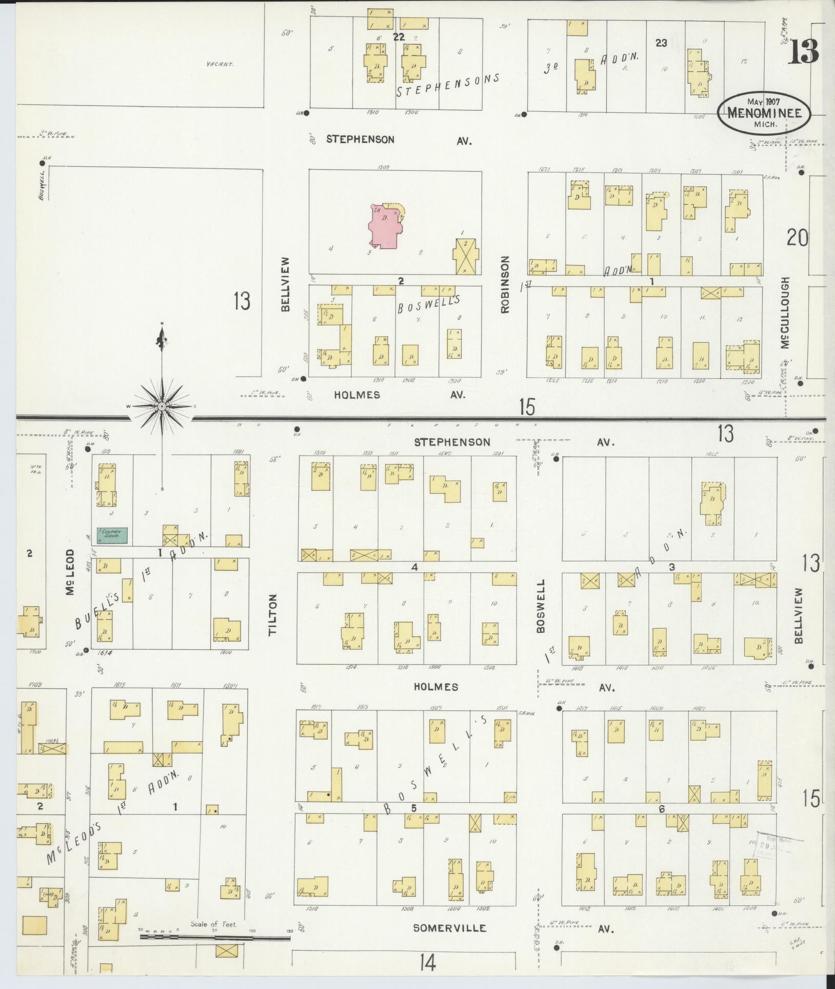 Sanborn Fire Insurance Map from Menominee, Menominee County, Michigan (1907), Sheet #0013 - Complete Map Set gallery image, historic Sanborn map, vintage wall art, Michigan Michigan