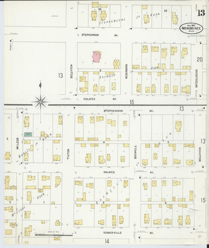 Sanborn Fire Insurance Map from Menominee, Menominee County, Michigan (1907), Sheet #0013 - Complete Map Set gallery image, historic Sanborn map, vintage wall art, Michigan Michigan