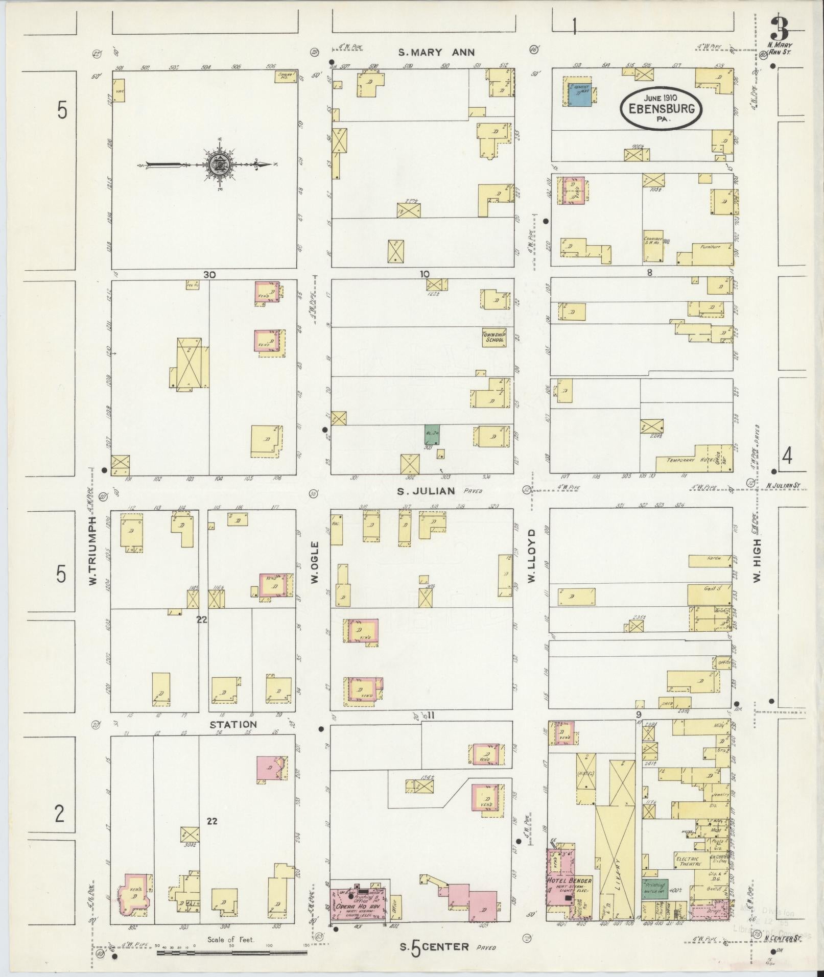 Sanborn Fire Insurance Map from Ebensburg, Cambria County, Pennsylvania (1910), Sheet #0003 - Historic Sanborn Fire Insurance Map Print, vintage old map wall art, antique decor, genealogy gift, Pennsylvania Pennsylvania map
