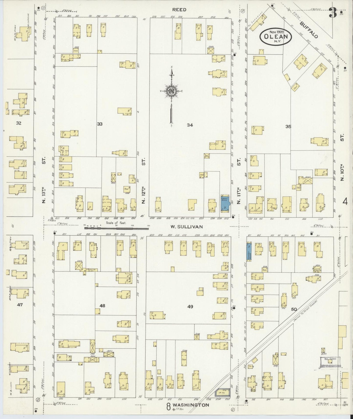 Sanborn Fire Insurance Map from Olean, Cattaraugus County, New York (1909), Sheet #0003 - Complete Map Set gallery image, historic Sanborn map, vintage wall art, New York New York