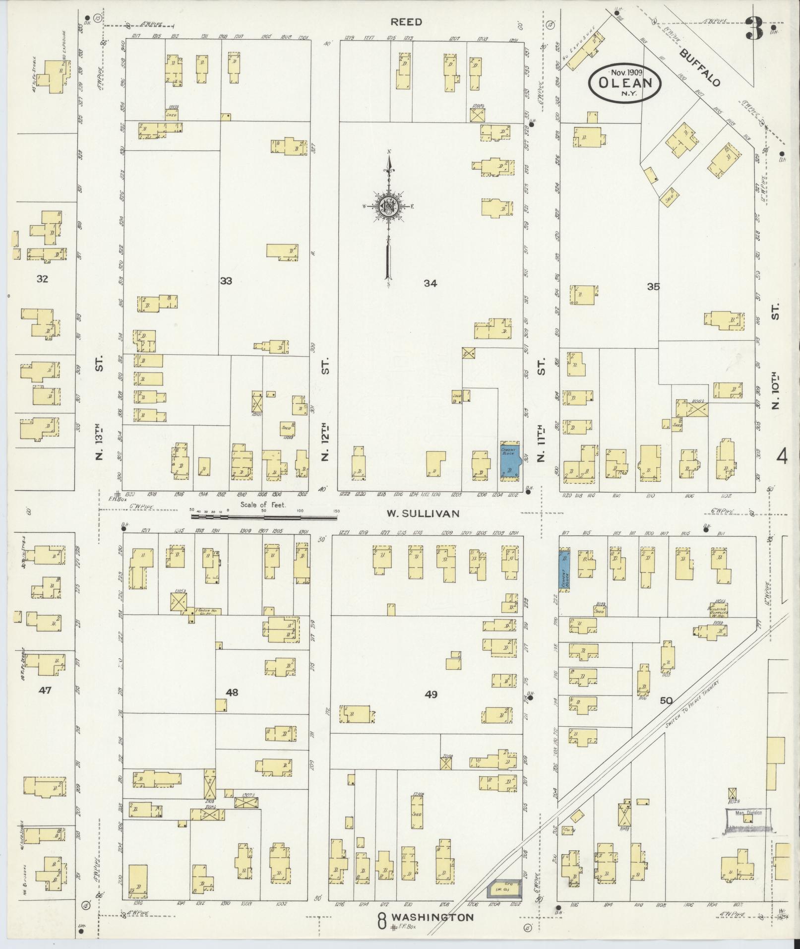Sanborn Fire Insurance Map from Olean, Cattaraugus County, New York (1909), Sheet #0003 - Complete Map Set gallery image, historic Sanborn map, vintage wall art, New York New York