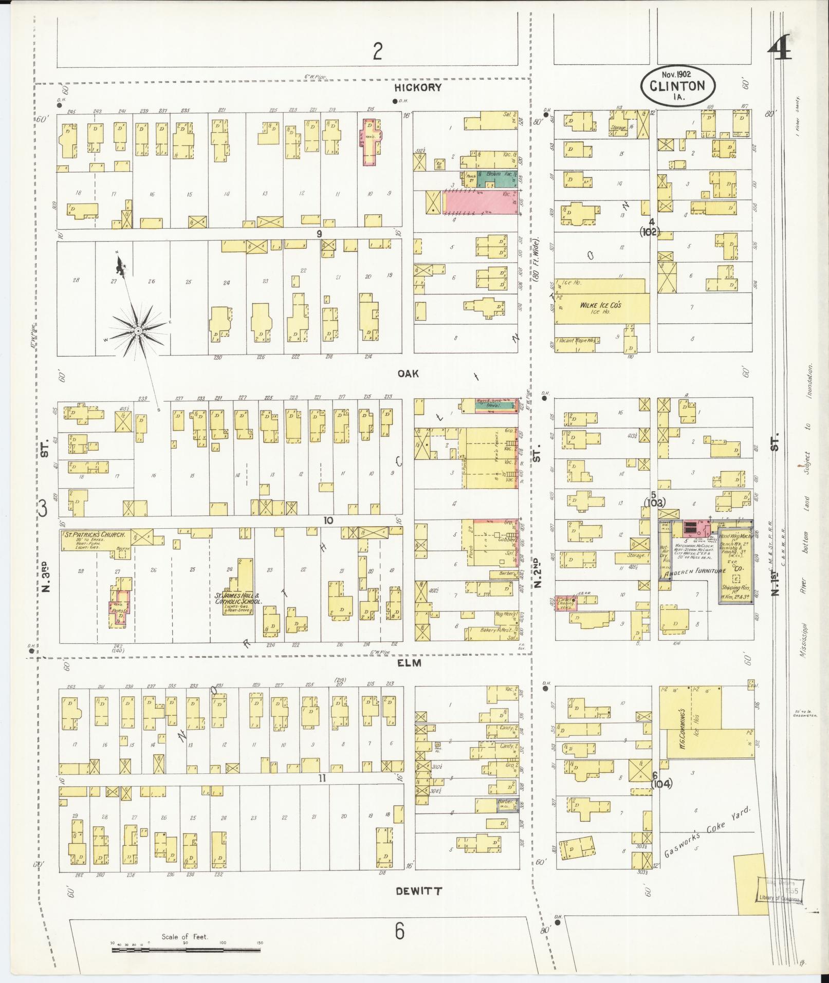 Sanborn Fire Insurance Map from Clinton, Clinton County, Iowa (1902), Sheet #0004 - Historic Sanborn Fire Insurance Map Print, vintage old map wall art