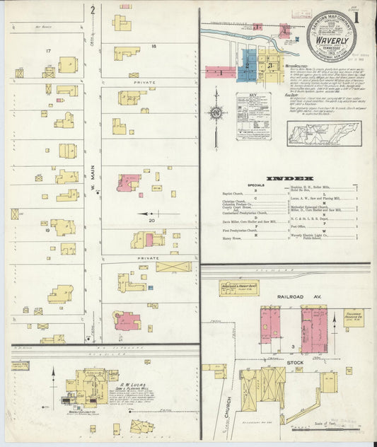 Sanborn Fire Insurance Map from Waverly, Humprheys  County, Tennessee (1913), Sheet #0001 - Historic Sanborn Fire Insurance Map Print, vintage old map wall art, antique decor, genealogy gift, Tennessee Tennessee map