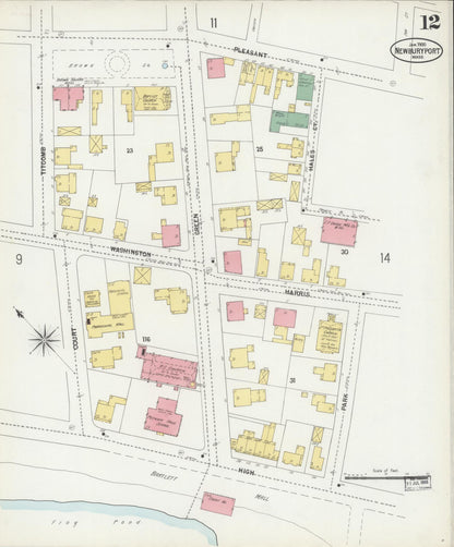 Sanborn Fire Insurance Map from Newburyport, Essex County, Massachusetts (1900), Sheet #0012 - Historic Sanborn Fire Insurance Map Print, vintage old map wall art, antique decor, genealogy gift, Massachusetts Massachusetts map
