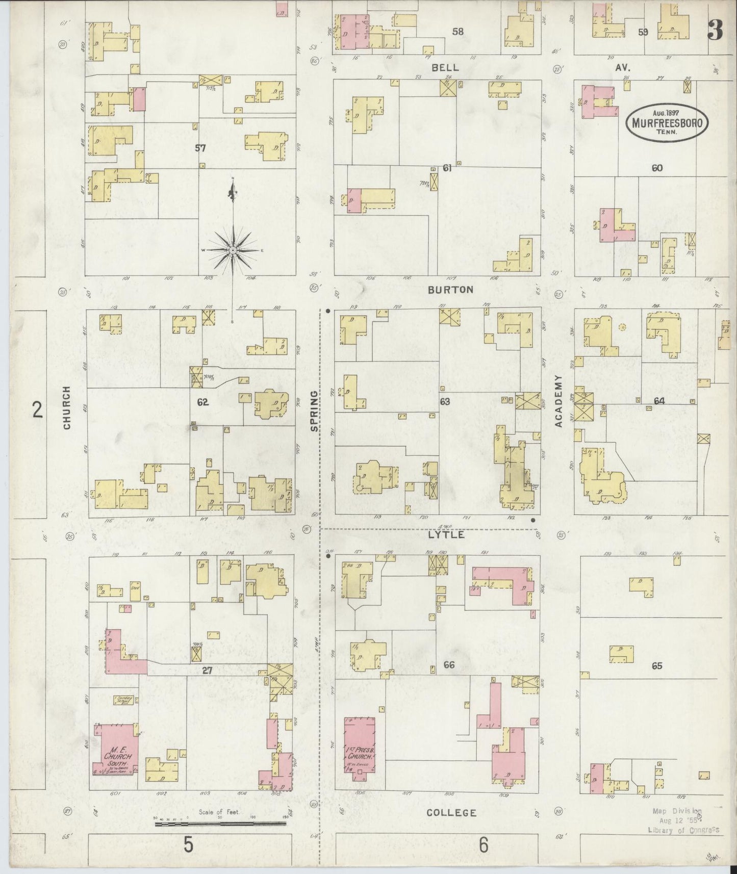 Sanborn Fire Insurance Map from Murfreesboro, Rutherford County, Tennessee (1897), Sheet #0003 - Historic Sanborn Fire Insurance Map Print, vintage old map wall art, antique decor, genealogy gift, Tennessee Tennessee map