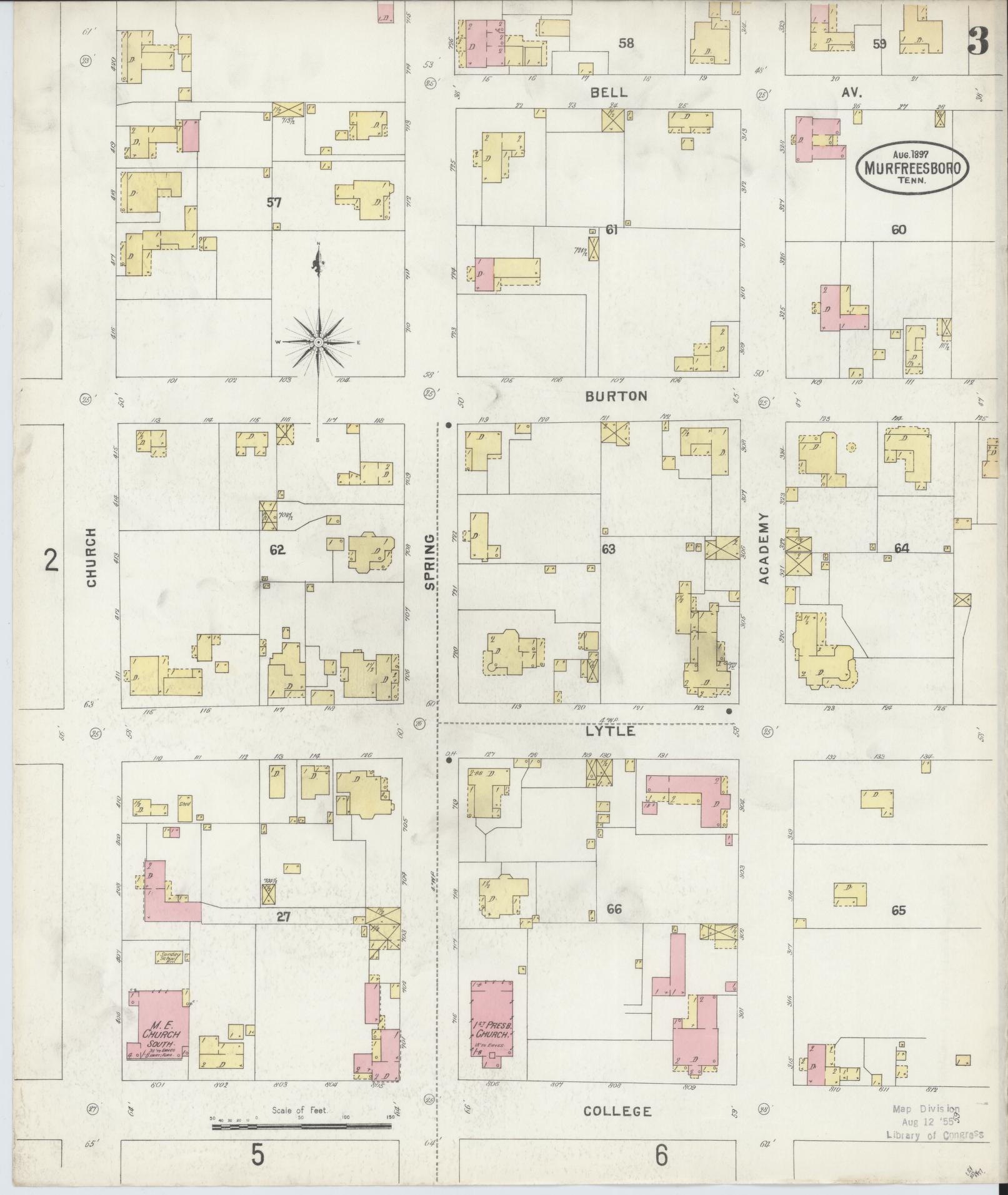 Sanborn Fire Insurance Map from Murfreesboro, Rutherford County, Tennessee (1897), Sheet #0003 - Historic Sanborn Fire Insurance Map Print, vintage old map wall art, antique decor, genealogy gift, Tennessee Tennessee map
