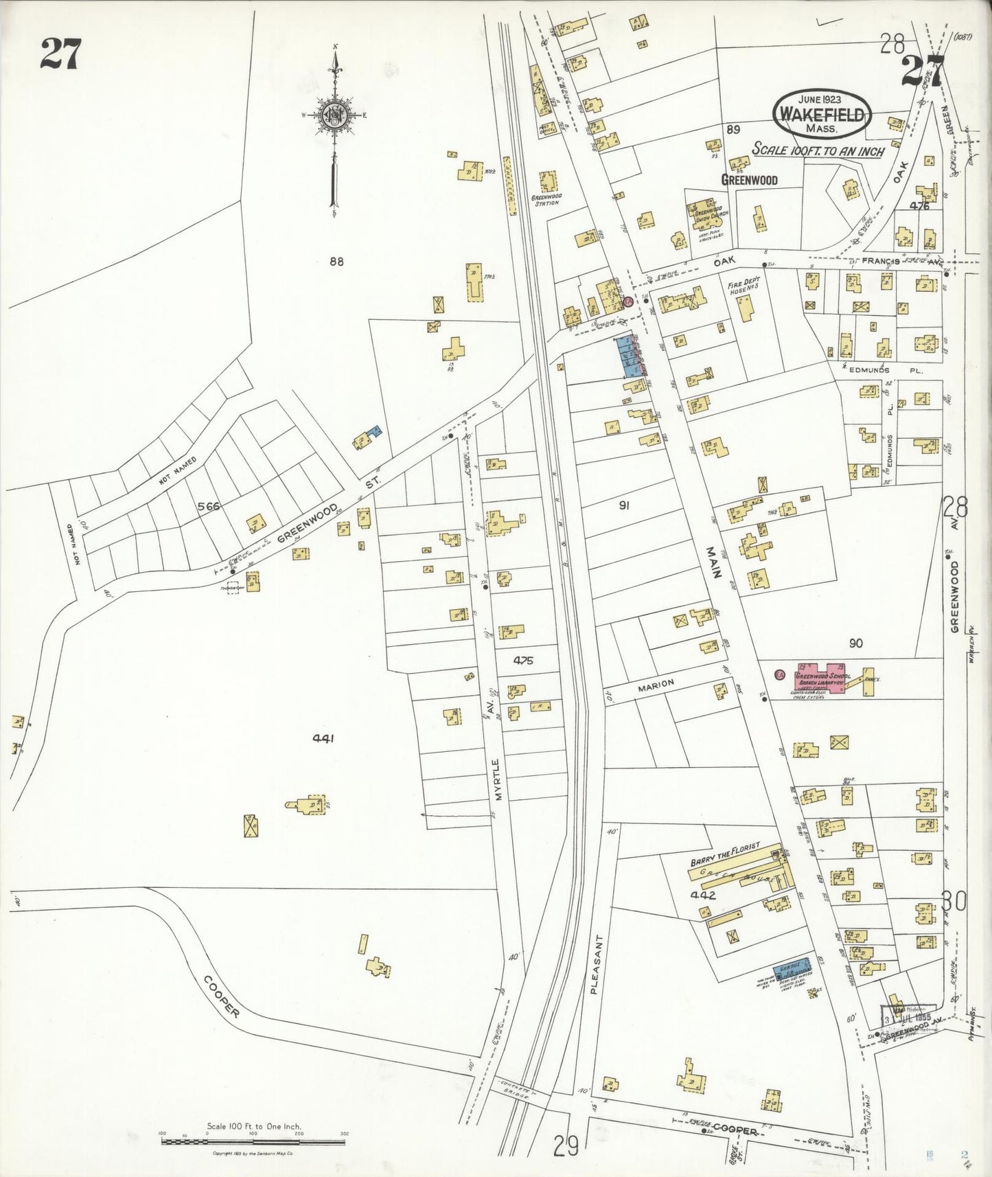 Sanborn Fire Insurance Map from Wakefield, Middlesex County, Massachusetts (1923), Sheet #0027 - Complete Map Set gallery image, historic Sanborn map, vintage wall art, Massachusetts Massachusetts