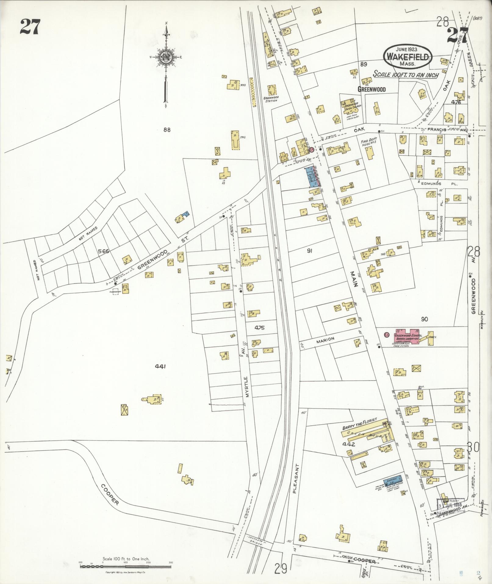 Sanborn Fire Insurance Map from Wakefield, Middlesex County, Massachusetts (1923), Sheet #0027 - Complete Map Set gallery image, historic Sanborn map, vintage wall art, Massachusetts Massachusetts