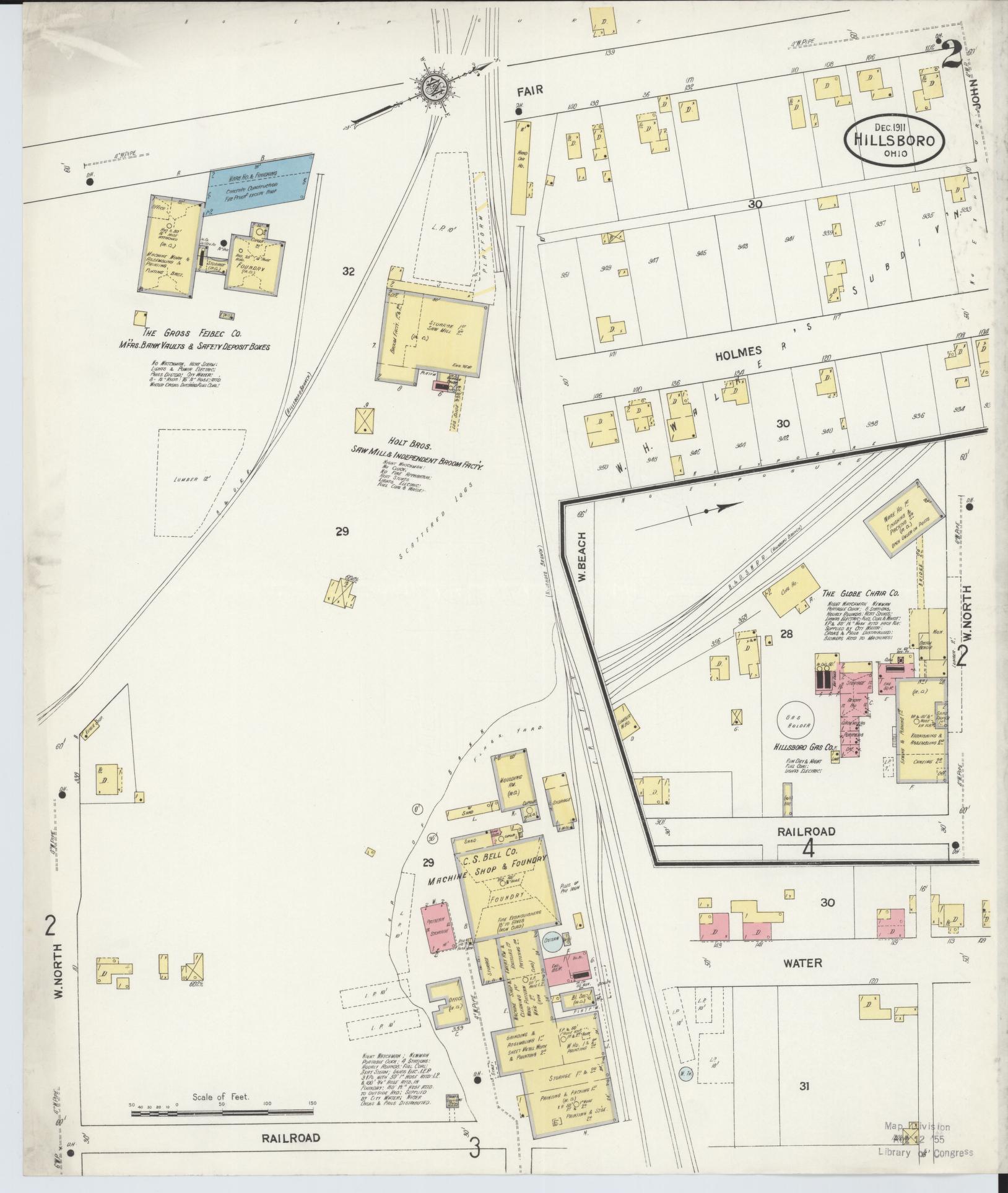 Sanborn Fire Insurance Map from Hillsboro, Highland County, Ohio (1911), Sheet #0002 - Complete Map Set gallery image, historic Sanborn map, vintage wall art, Ohio Ohio