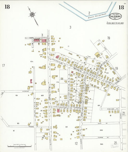 Sanborn Fire Insurance Map from Salisbury, Wicomico County, Maryland (1923), Sheet #0018 - Historic Sanborn Fire Insurance Map Print, vintage old map wall art