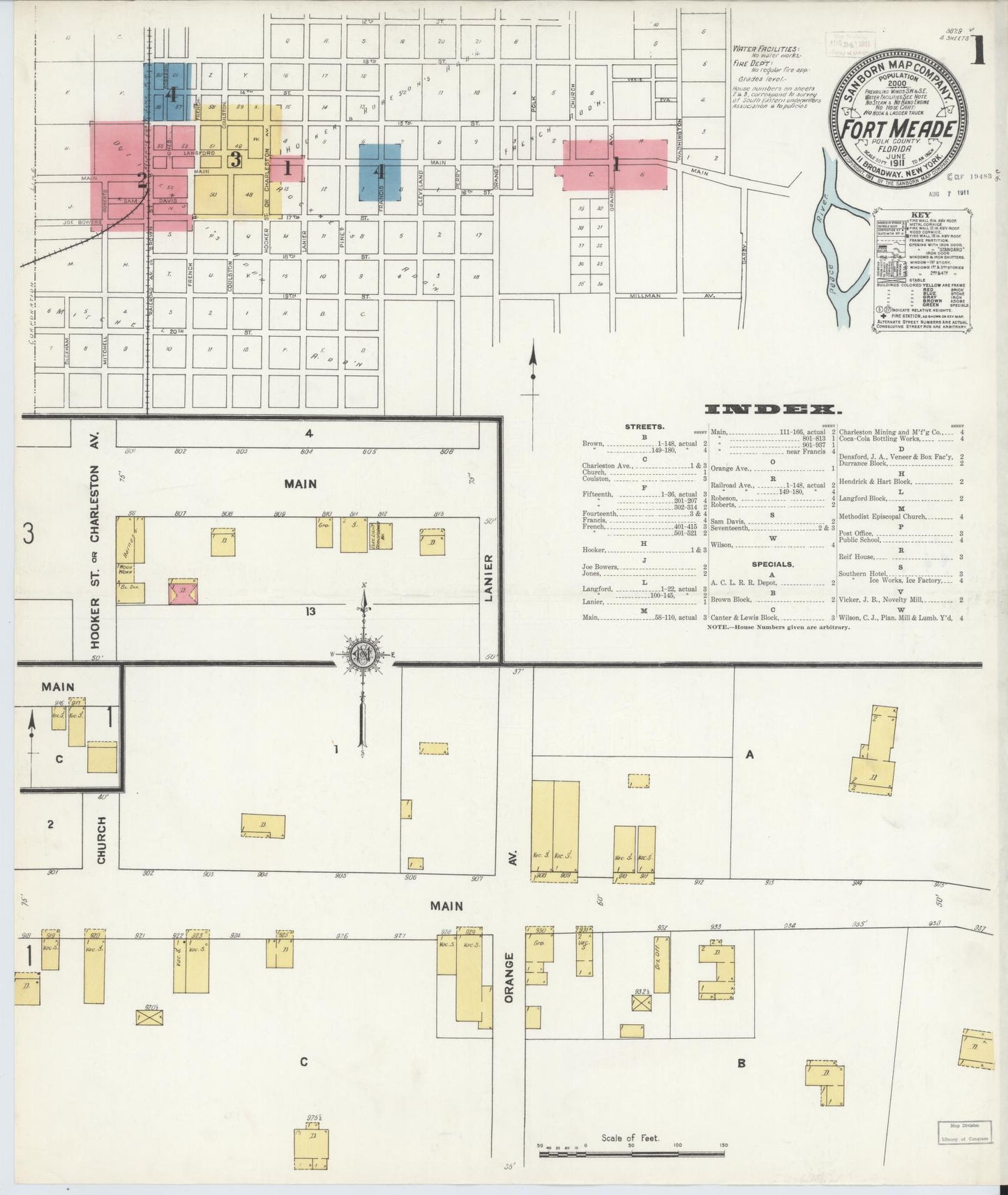 Sanborn Fire Insurance Map from Fort Meade, Polk County, Florida (1911), Sheet #0001 - Historic Sanborn Fire Insurance Map Print, vintage old map wall art, antique decor, genealogy gift, Florida Florida map