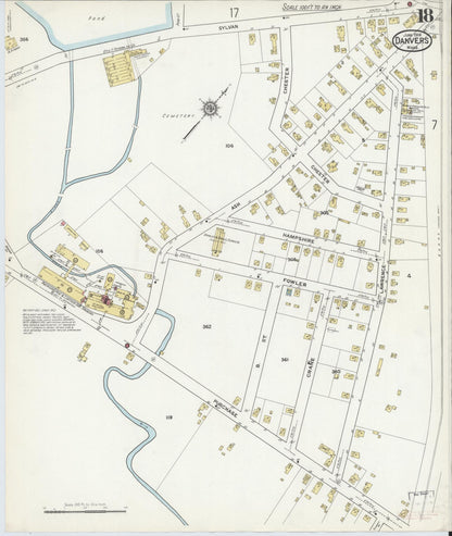 Sanborn Fire Insurance Map from Danvers, Essex County, Massachusetts (1916), Sheet #0018 - Historic Sanborn Fire Insurance Map Print, vintage old map wall art, antique decor, genealogy gift, Massachusetts Massachusetts map