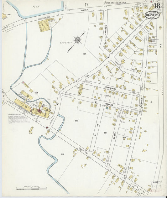 Sanborn Fire Insurance Map from Danvers, Essex County, Massachusetts (1916), Sheet #0018 - Historic Sanborn Fire Insurance Map Print, vintage old map wall art, antique decor, genealogy gift, Massachusetts Massachusetts map