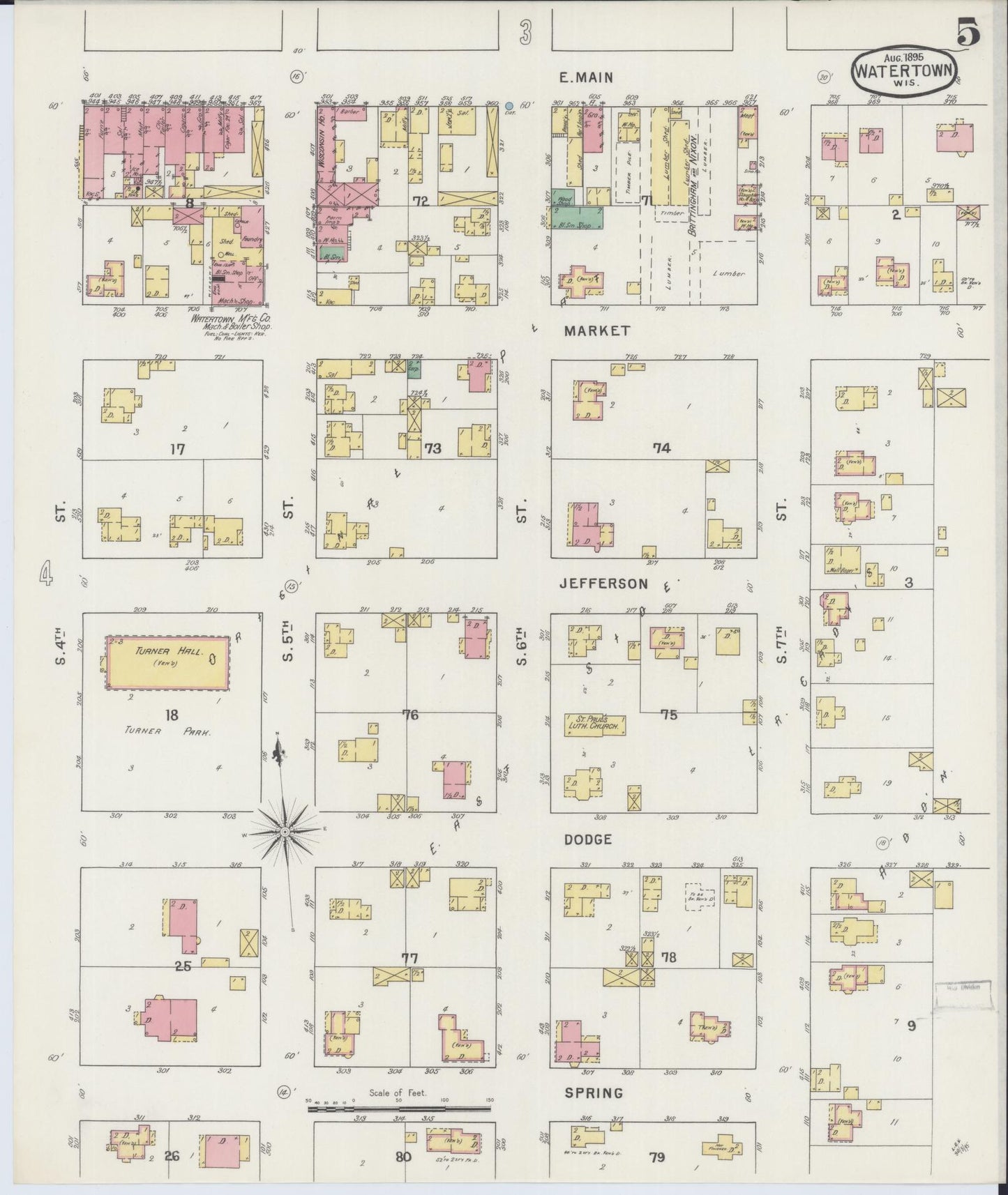 Sanborn Fire Insurance Map from Watertown, Jefferson County, Wisconsin (1895), Sheet #0005 - Historic Sanborn Fire Insurance Map Print, vintage old map wall art, antique decor, genealogy gift, Wisconsin Wisconsin map