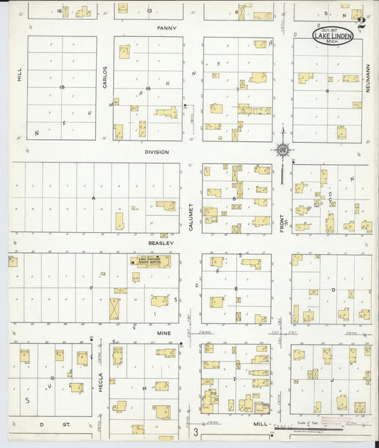 Sanborn Fire Insurance Map from Lake Linden, Houghton County, Michigan (1917), Sheet #0002 - Historic Sanborn Fire Insurance Map Print, vintage old map wall art, antique decor, genealogy gift, Michigan Michigan map