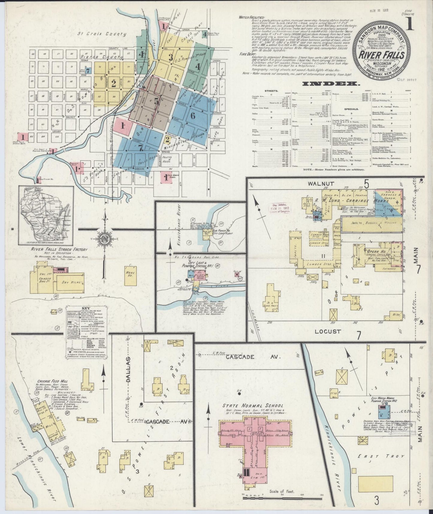 Sanborn Fire Insurance Map from River Falls, St. Croix and Pierce Counties, Wisconsin (1912), Sheet #0001 - Complete Map Set gallery image, historic Sanborn map, vintage wall art, Wisconsin Wisconsin