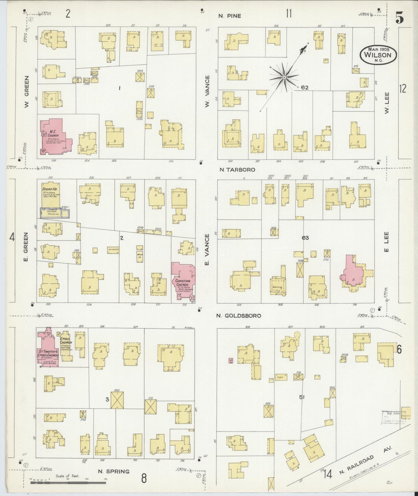 Sanborn Fire Insurance Map from Wilson, Wilson County, North Carolina (1908), Sheet #0005 - Historic Sanborn Fire Insurance Map Print, vintage old map wall art, antique decor, genealogy gift, North Carolina North Carolina map