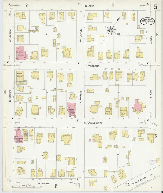 Sanborn Fire Insurance Map from Wilson, Wilson County, North Carolina (1908), Sheet #0005 - Historic Sanborn Fire Insurance Map Print, vintage old map wall art, antique decor, genealogy gift, North Carolina North Carolina map