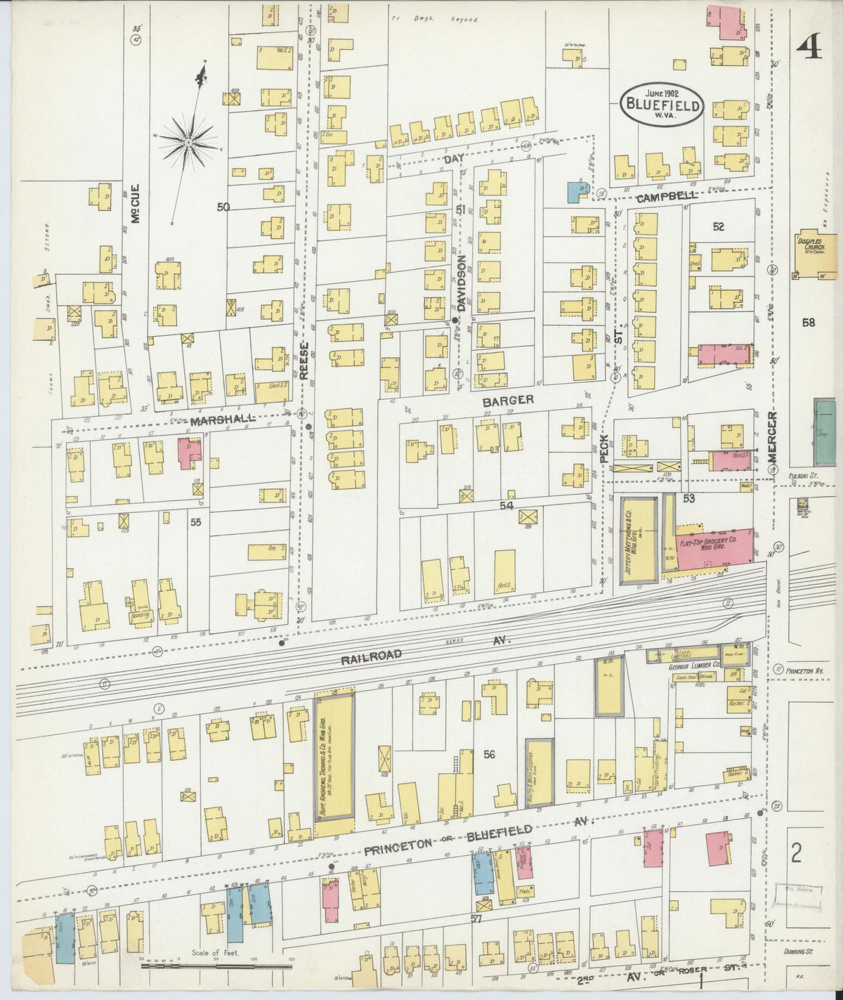 Sanborn Fire Insurance Map from Bluefield, Mercer County, West Virginia (1902), Sheet #0004 - Historic Sanborn Fire Insurance Map Print, vintage old map wall art, antique decor, genealogy gift, West Virginia West Virginia map