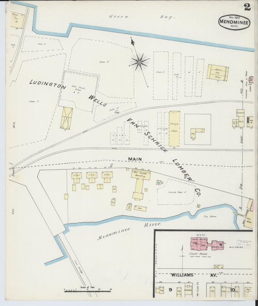 Sanborn Fire Insurance Map from Menominee, Menominee County, Michigan (1890), Sheet #0002 - Historic Sanborn Fire Insurance Map Print, vintage old map wall art, antique decor, genealogy gift, Michigan Michigan map