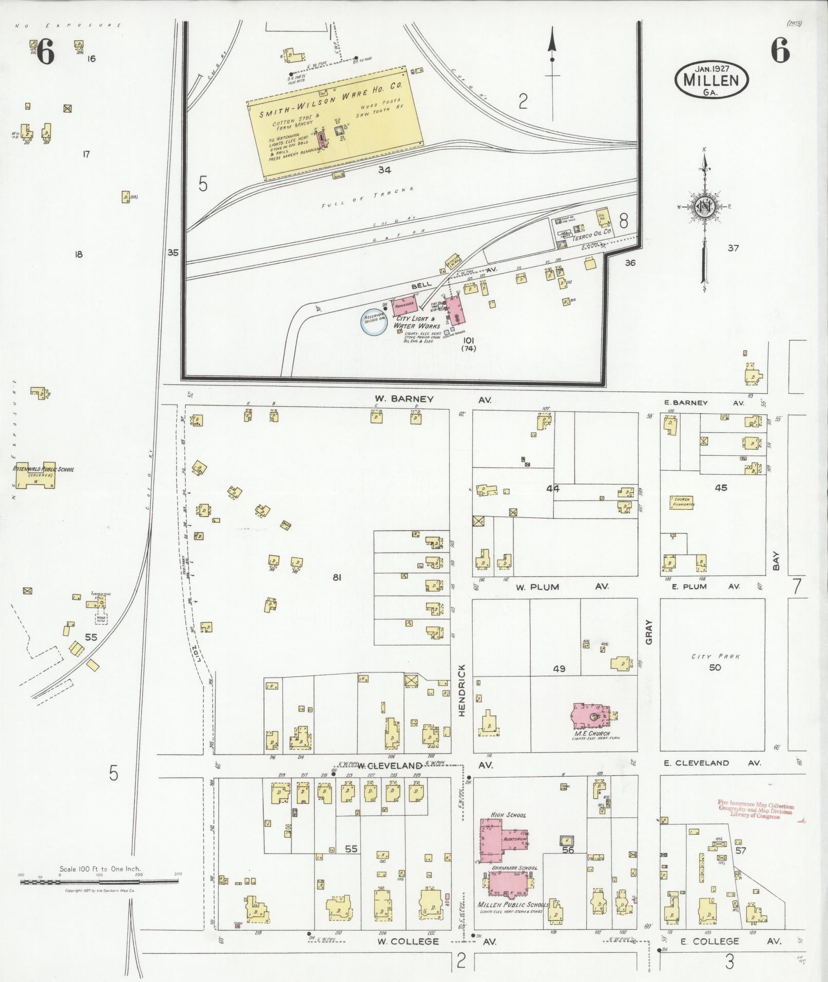 Sanborn Fire Insurance Map from Millen, Jenkins County, Georgia (1927), Sheet #0006 - Historic Sanborn Fire Insurance Map Print, vintage old map wall art, antique decor, genealogy gift, Georgia Georgia map