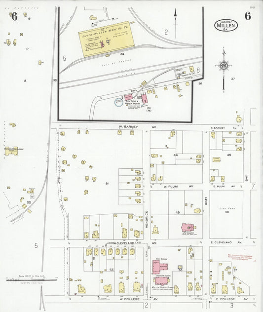 Sanborn Fire Insurance Map from Millen, Jenkins County, Georgia (1927), Sheet #0006 - Historic Sanborn Fire Insurance Map Print, vintage old map wall art, antique decor, genealogy gift, Georgia Georgia map