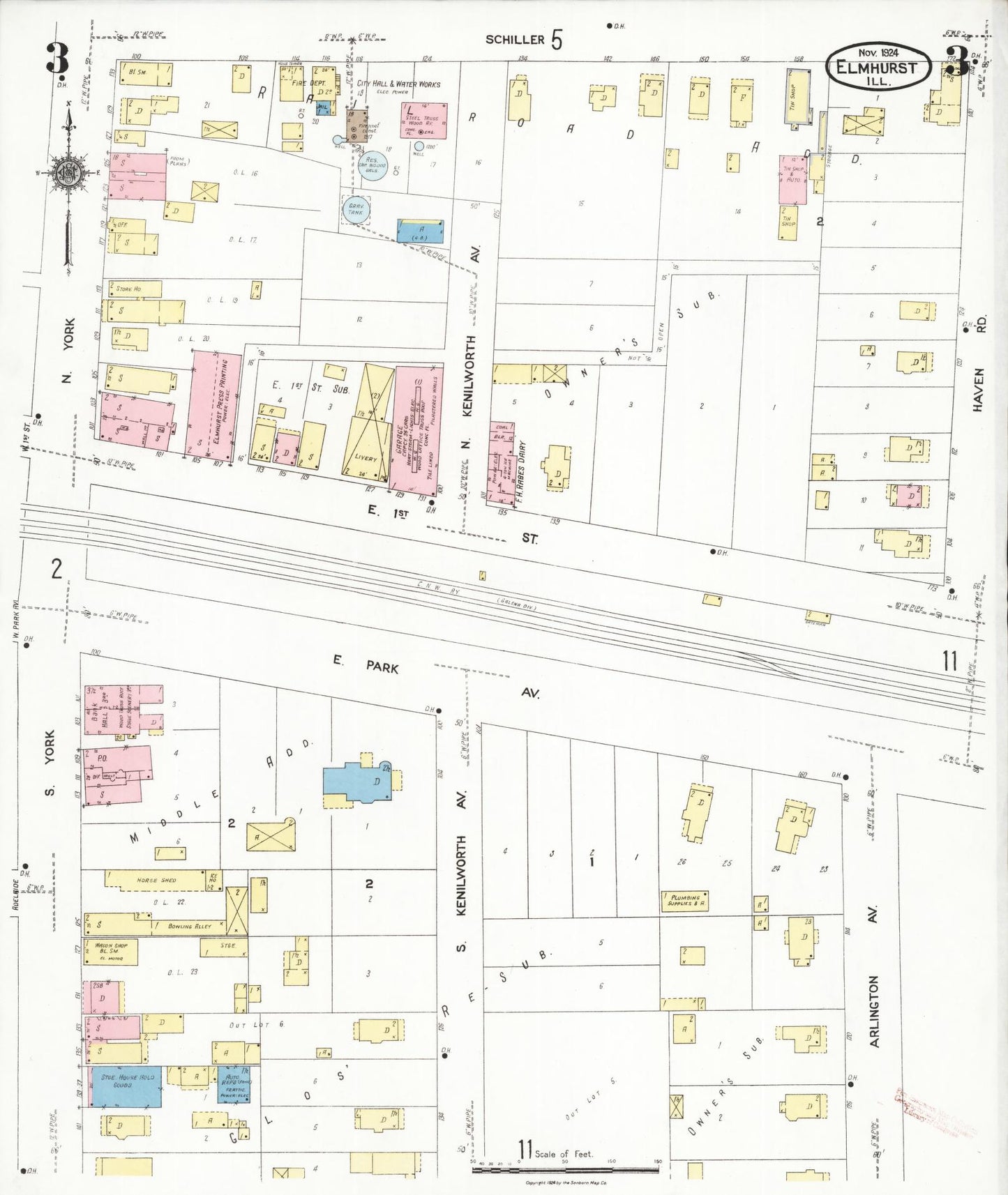 Sanborn Fire Insurance Map from Elmhurst, Du Page County, Illinois (1924), Sheet #0003 - Complete Map Set gallery image, historic Sanborn map, vintage wall art, Illinois Illinois