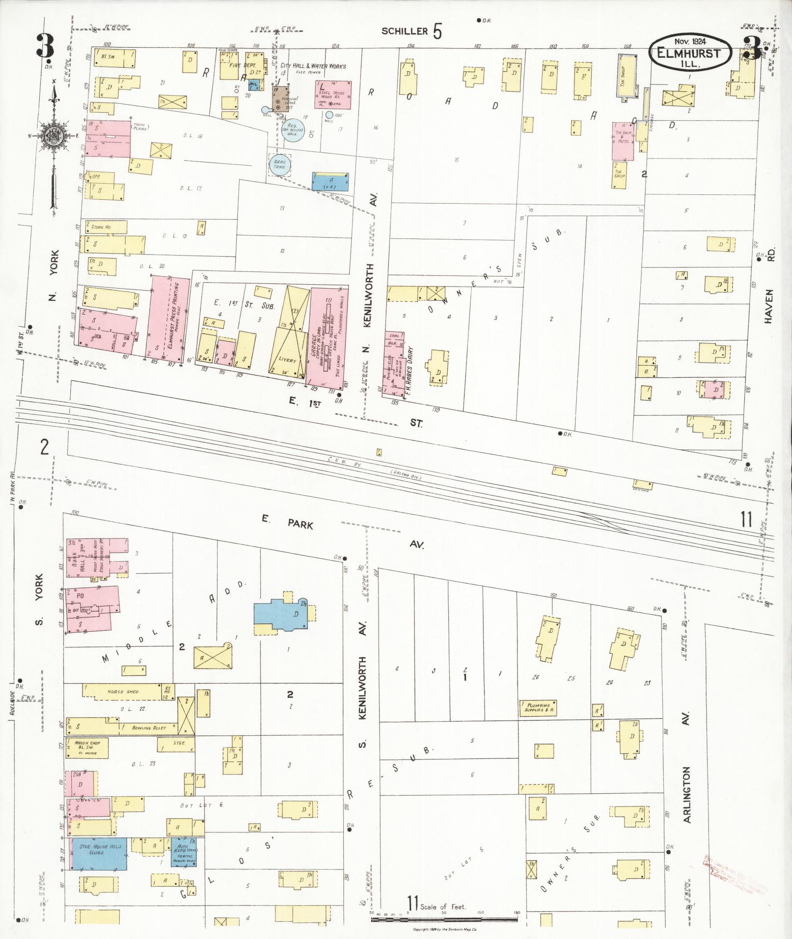 Sanborn Fire Insurance Map from Elmhurst, Du Page County, Illinois (1924), Sheet #0003 - Complete Map Set gallery image, historic Sanborn map, vintage wall art, Illinois Illinois