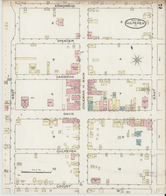 Sanborn Fire Insurance Map from Culpeper, Culpeper County, Virginia (1886), Sheet #0002 - Historic Sanborn Fire Insurance Map Print, vintage old map wall art, antique decor, genealogy gift, Virginia Virginia map