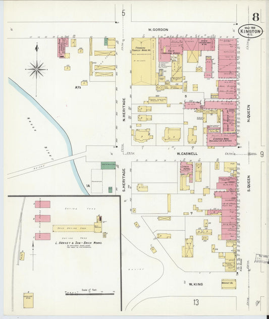Sanborn Fire Insurance Map from Kinston, Lenoir County, North Carolina (1908), Sheet #0008 - Historic Sanborn Fire Insurance Map Print, vintage old map wall art, antique decor, genealogy gift, North Carolina North Carolina map