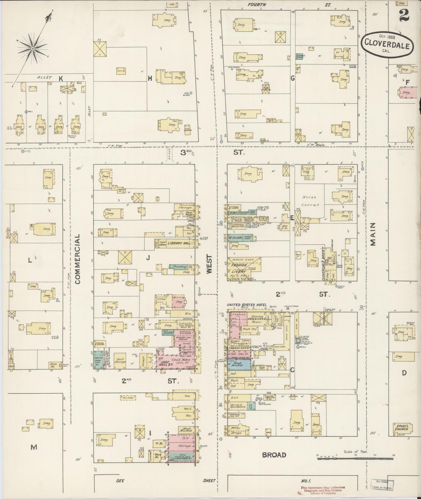 Sanborn Fire Insurance Map from Cloverdale, Sonoma County, California (1888), Sheet #0002 - Historic Sanborn Fire Insurance Map Print, vintage old map wall art, antique decor, genealogy gift, California California map