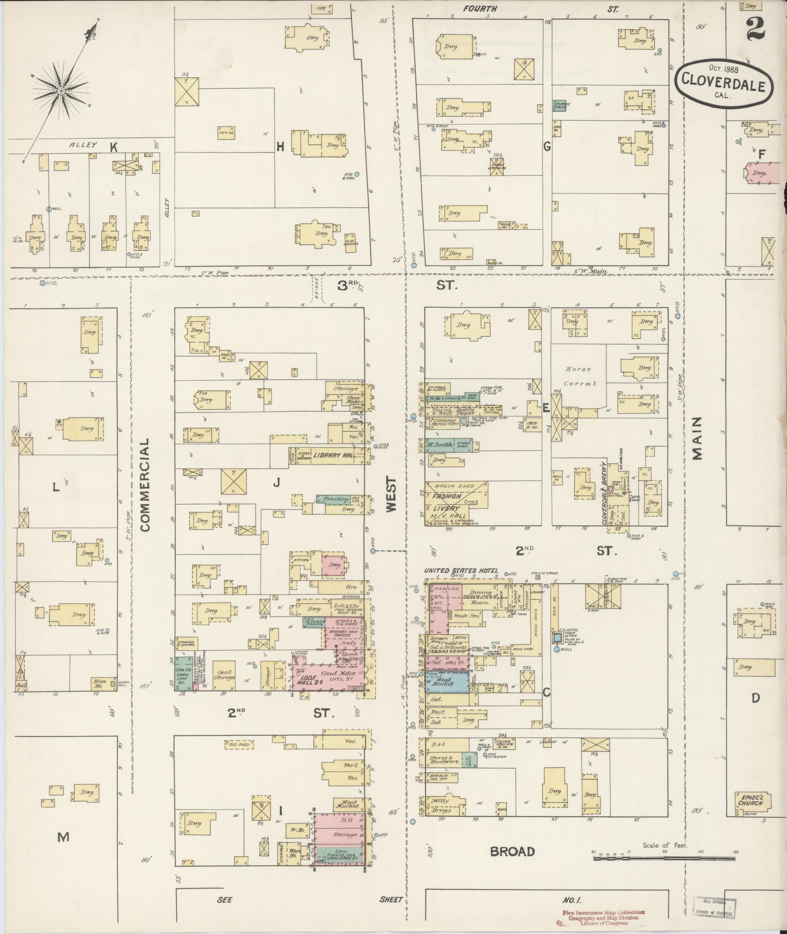 Sanborn Fire Insurance Map from Cloverdale, Sonoma County, California (1888), Sheet #0002 - Historic Sanborn Fire Insurance Map Print, vintage old map wall art, antique decor, genealogy gift, California California map