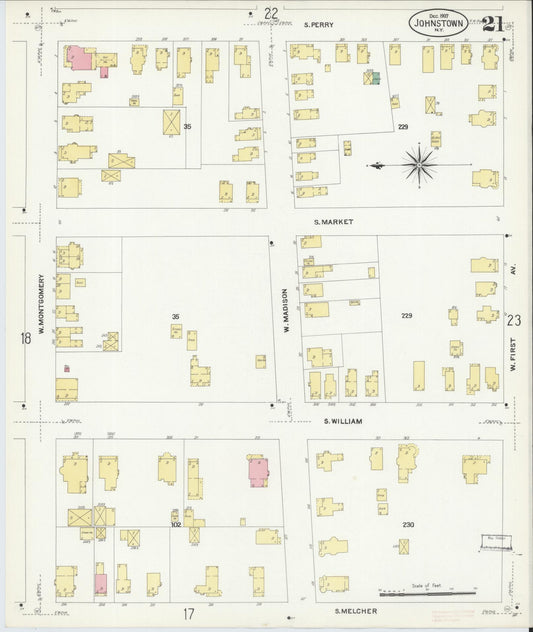 Sanborn Fire Insurance Map from Johnstown, Fulton County, New York (1907), Sheet #0021 - Historic Sanborn Fire Insurance Map Print, vintage old map wall art, antique decor, genealogy gift, New York New York map