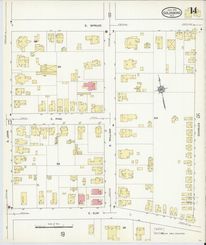 Sanborn Fire Insurance Map from Goldsboro, Wayne County, North Carolina (1913), Sheet #0014 - Complete Map Set gallery image, historic Sanborn map, vintage wall art, North Carolina North Carolina