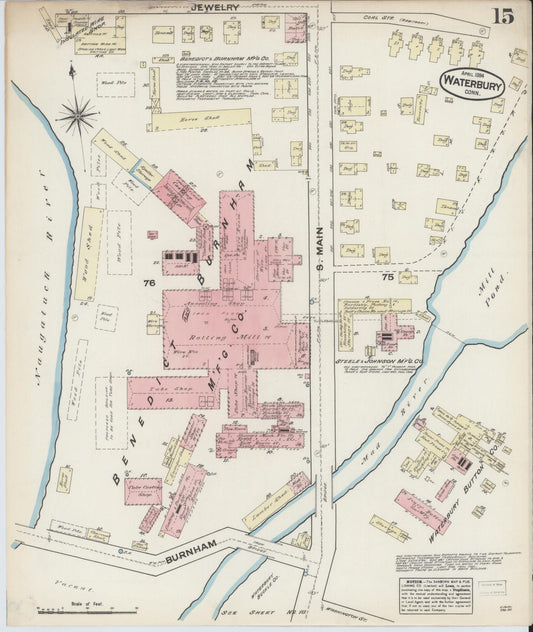 Sanborn Fire Insurance Map from Waterbury, New Haven County, Connecticut (1884), Sheet #0015 - Historic Sanborn Fire Insurance Map Print, vintage old map wall art, antique decor, genealogy gift, Connecticut Connecticut map