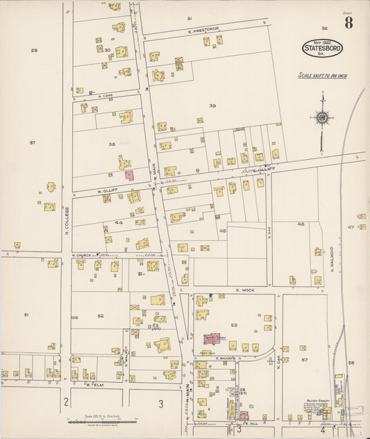 Sanborn Fire Insurance Map from Statesboro, Bulloch County, Georgia (1922), Sheet #0008 - Historic Sanborn Fire Insurance Map Print, vintage old map wall art, antique decor, genealogy gift, Georgia Georgia map