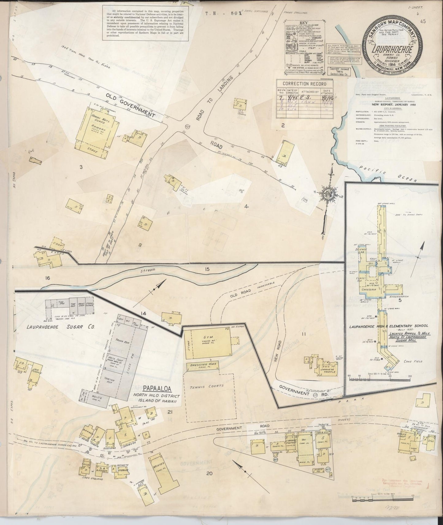 Sanborn Fire Insurance Map from Laupahoehoe, Hawaii County, Hawaii (1956), Sheet #0001 - Historic Sanborn Fire Insurance Map Print, vintage old map wall art, antique decor, genealogy gift, Laupahoehoe Hawaii map