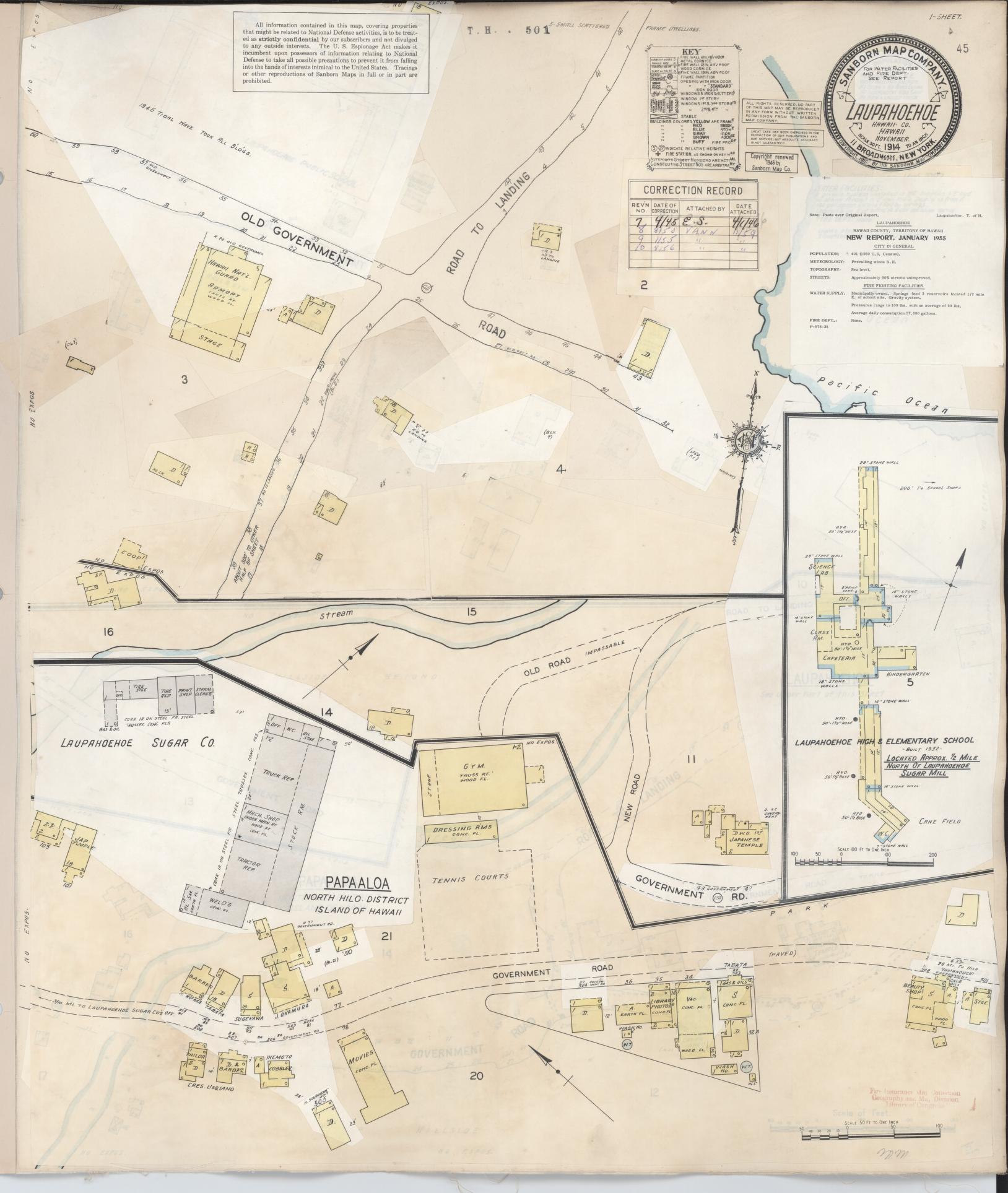 Sanborn Fire Insurance Map from Laupahoehoe, Hawaii County, Hawaii (1956), Sheet #0001 - Historic Sanborn Fire Insurance Map Print, vintage old map wall art, antique decor, genealogy gift, Laupahoehoe Hawaii map