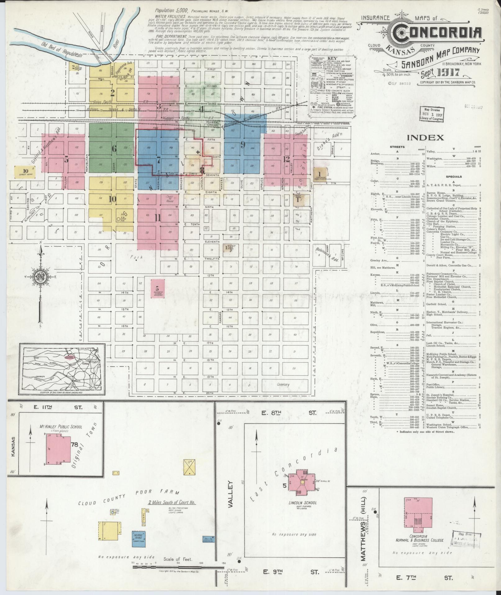 Sanborn Fire Insurance Map from Concordia, Cloud County, Kansas (1917), Sheet #0001 - Complete Map Set gallery image, historic Sanborn map, vintage wall art, Kansas Kansas