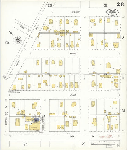 Sanborn Fire Insurance Map from Chico, Butte County, California (1909), Sheet #0028 - Historic Sanborn Fire Insurance Map Print, vintage old map wall art, antique decor, genealogy gift, California California map