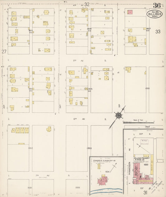 Sanborn Fire Insurance Map from Billings, Yellowstone County, Montana (1912), Sheet #0036 - Historic Sanborn Fire Insurance Map Print, vintage old map wall art, antique decor, genealogy gift, Montana Montana map