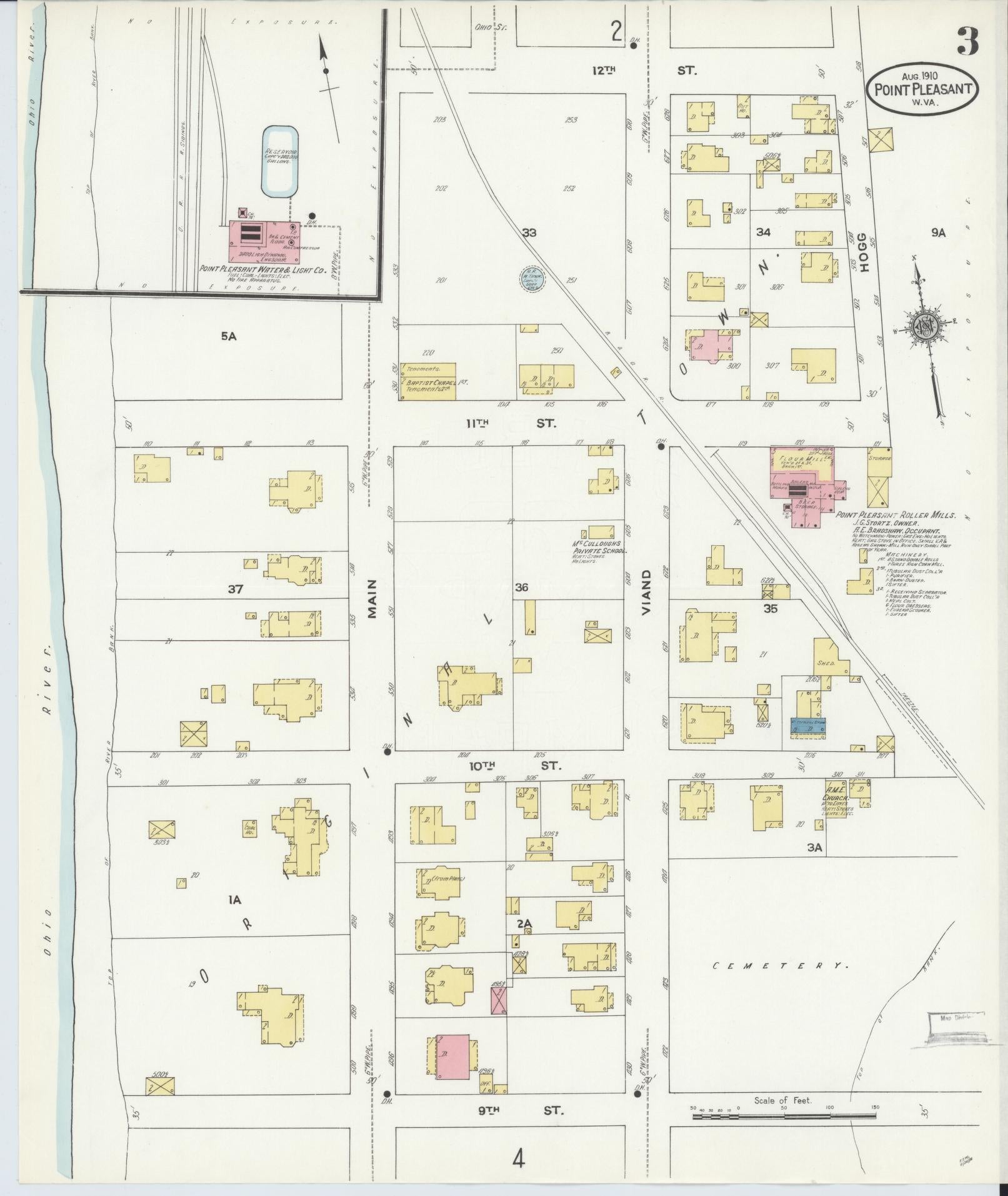 Sanborn Fire Insurance Map from Point Pleasant, Mason County, West Virginia (1910), Sheet #0003 - Historic Sanborn Fire Insurance Map Print, vintage old map wall art, antique decor, genealogy gift, West Virginia West Virginia map