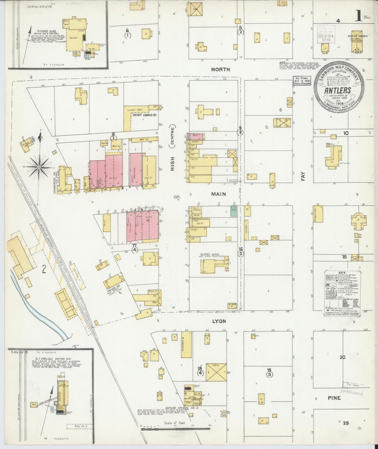 Sanborn Fire Insurance Map from Antlers, Pushmataha County, Oklahoma (1904), Sheet #0001 - Complete Map Set gallery image, historic Sanborn map, vintage wall art, Oklahoma Oklahoma