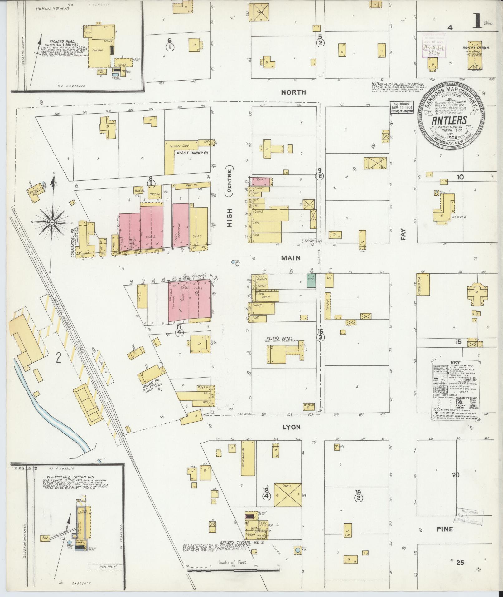 Sanborn Fire Insurance Map from Antlers, Pushmataha County, Oklahoma (1904), Sheet #0001 - Complete Map Set gallery image, historic Sanborn map, vintage wall art, Oklahoma Oklahoma