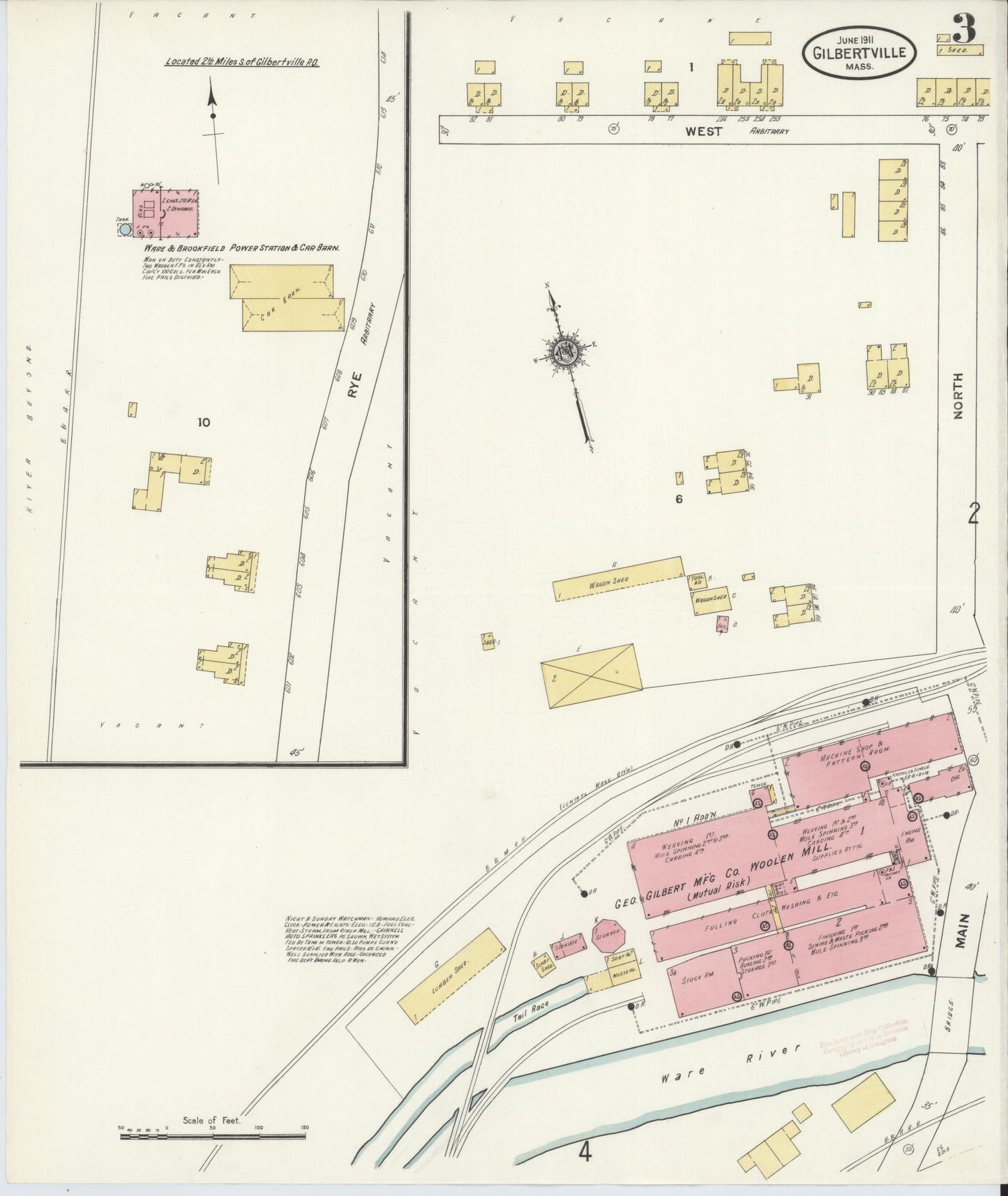 Sanborn Fire Insurance Map from Gilbertville, Worcester County, Massachusetts (1911), Sheet #0003 - Complete Map Set gallery image, historic Sanborn map, vintage wall art, Massachusetts Massachusetts