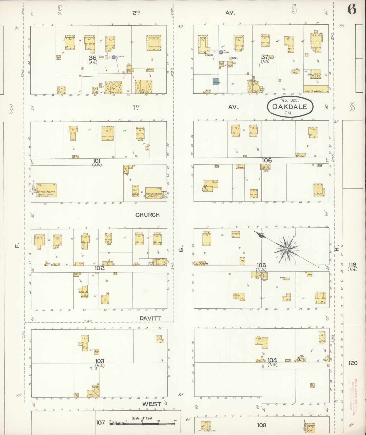 Sanborn Fire Insurance Map from Oakdale, Stanislaus County, California (1895), Sheet #0006 - Historic Sanborn Fire Insurance Map Print, vintage old map wall art, antique decor, genealogy gift, California California map