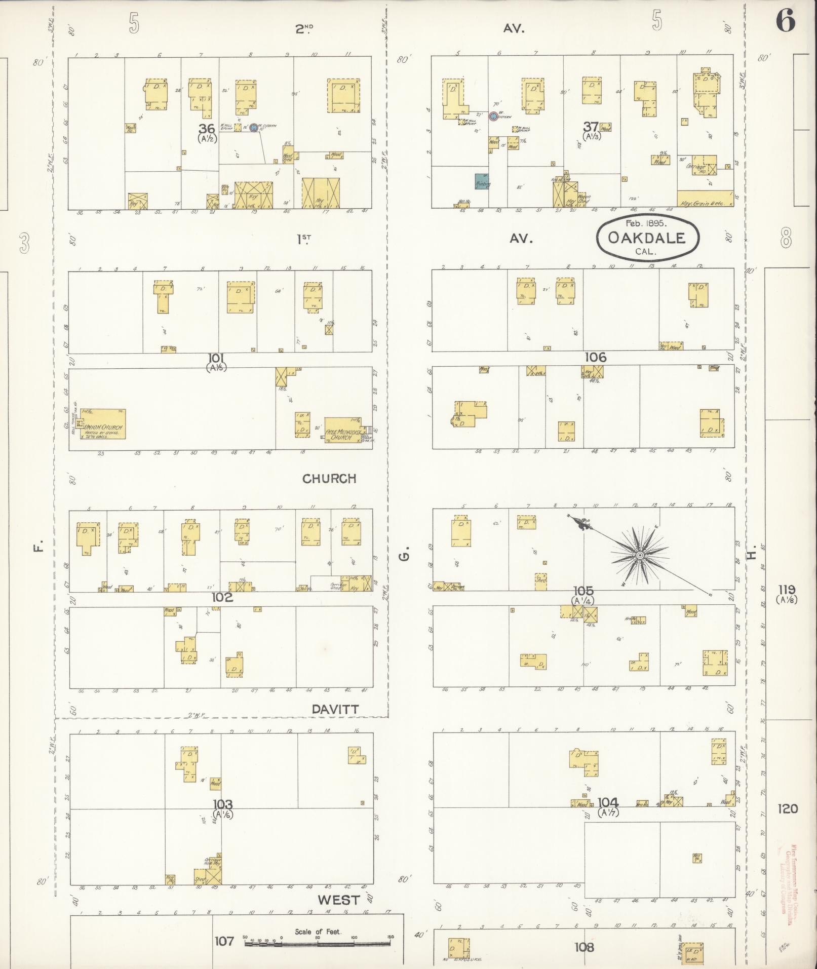 Sanborn Fire Insurance Map from Oakdale, Stanislaus County, California (1895), Sheet #0006 - Historic Sanborn Fire Insurance Map Print, vintage old map wall art, antique decor, genealogy gift, California California map